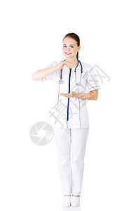 提供和显示影印空间的女医生 护士或女医生手臂药品女性棕榈女士手势外套医师产品职员图片
