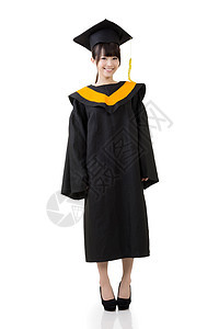 微笑的年轻毕业妇女女士教育文凭女性女孩黑色成人橙子白色学士图片