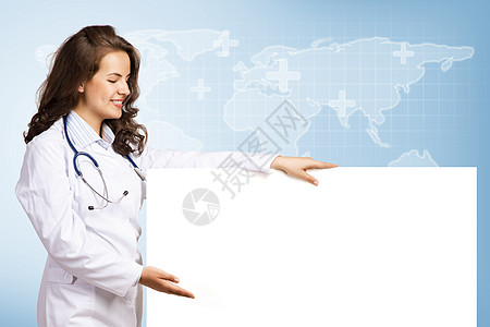 带空白横幅的年轻女医生女士标语从业者黑发卡片医疗保险海报公告卫生职业图片