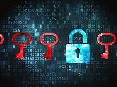 保护概念 关于数字背景的挂锁和钥匙监视器红色互联网蓝色技术屏幕网络攻击代码裂缝图片