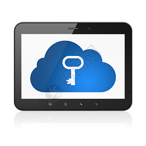 平板电脑与钥匙云层联网概念 平板电脑上的云与键药片黑色计算数据白色安全技术服务器网络蓝色背景