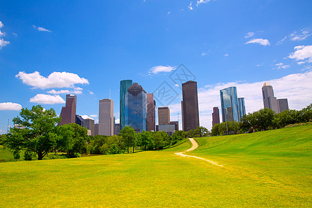 休斯顿得克萨斯天线现代天空景象和蓝色天空天际镜子建筑物商业旅行草地办公室城市摩天大楼玻璃图片