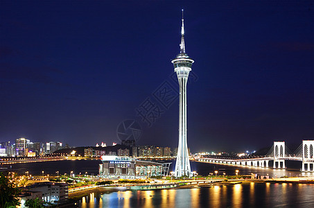 夜间澳门市大都市城市地标旅游建筑天际海岸景观海洋图片