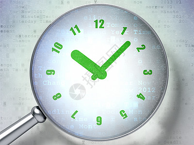 时间线概念 数字回春时用光玻璃敲钟展示小时代码绿色手表时间放大镜数据历史镜片图片