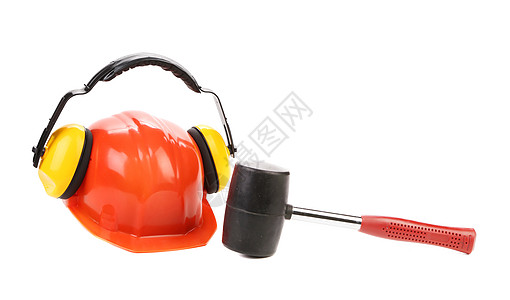 硬帽和锤子上的耳膜工作服听筒工作头盔红色维修结构性盔甲工业工具图片