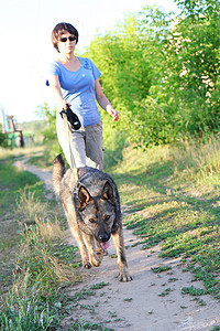 夏季在乡村公路上与狗一起跑的女跑者图片