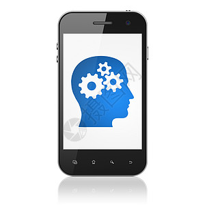 充电头图标教育概念  智能手机带车头药片研讨会风暴齿轮课程蓝色学习知识训练头脑背景