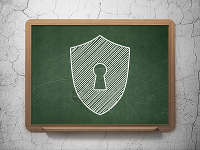 保护概念 黑板背面有钥匙孔的盾牌技术木板互联网锁孔代码网络课堂隐私安全教育图片