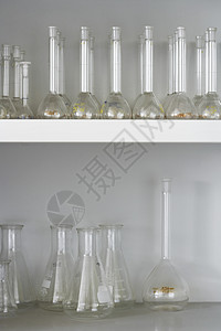 在实验室货架上展示的科用药瓶收藏乐器化学烧瓶实验玻璃架子科学器皿药品图片