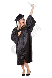 毕业学士毕业的美丽女学生女生工作室黑色女性文凭学生教育长袍成人白色帽子背景