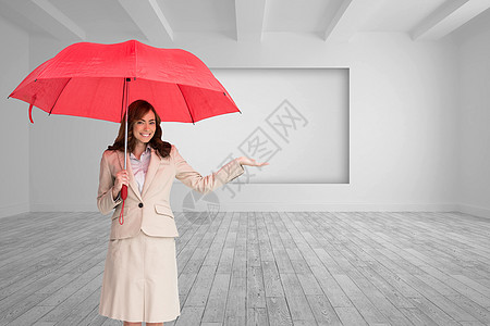 雨伞商务拥有伞子的快乐女商务人士的综合形象微笑商业套装木地板职业屏幕商务地板框架棕色背景