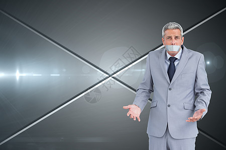 商务人士用粘胶胶带塞住嘴的复合形象商务线条人士领带胶带堵嘴男性技术商业计算图片