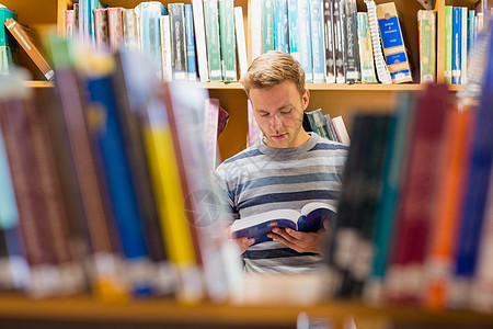 男学生在图书馆阅读一本书学习教育教科书架子知识书架大学男性家庭专注图片