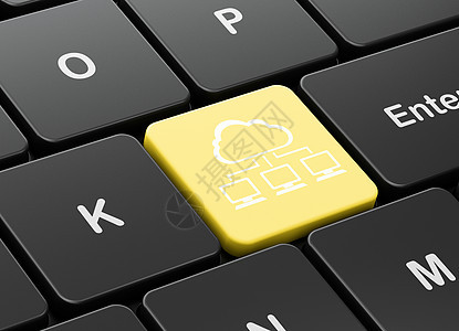 计算机键盘背景上的云网络概念云网络全球屏幕黄色高科技黑色计算桌面软件网站监视器图片