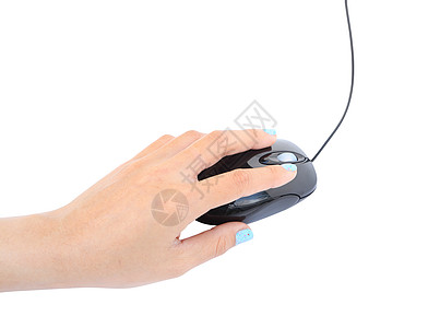 在白色背景上孤立的手持计算机鼠标电缆网络电脑按钮女性小路光标孩子办公室互联网图片