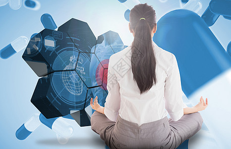 商业女商务人士坐在莲花的姿势上蓝色商务化学屏幕药品展示职业心脏未来派药片背景图片