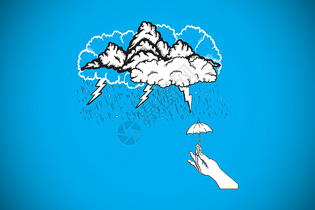 用手握着小雨伞的风暴涂鸦综合图象计算机插图绘图螺栓闪电蓝色图片