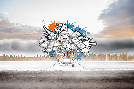 计算机图标和箭头在油漆喷洒上的复合图像计算创造力技术地平线建筑电脑摩天大楼涂鸦景观头脑图片