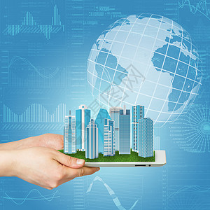 手持平板电脑标签互联网摩天大楼蓝色商务创造力地球白色商业概念图片