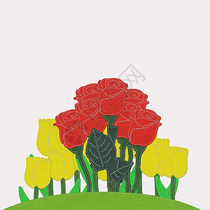 绿色草地上的红玫瑰 配有缝纫风格的织布热情叶子横幅创造力尼龙花瓣手工礼物脆弱性接缝图片