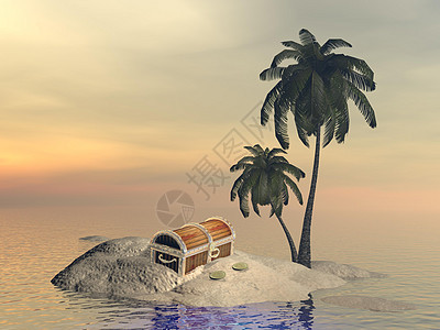 寻找  3D天空冒险棕榈海滩海盗海洋插图盒子财富热带背景图片