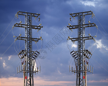 具有高压电线的电塔电力电气工程线条电缆电压危险力量传播桅杆图片