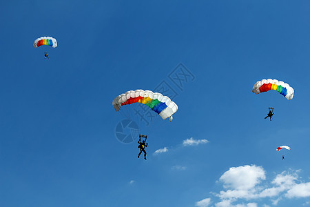 蓝色天空上不明的天空diver运动员危险闲暇旅行飞行高度防腐剂运动伞兵降落伞图片