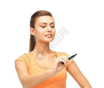 女人在空中写着什么微笑导航女孩绘画学生教学木板技术写作人士图片