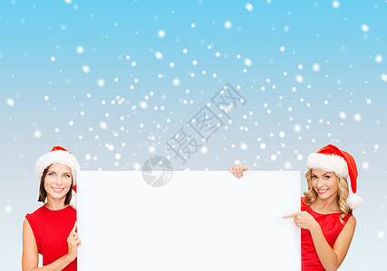 圣诞老人海报戴着白白白板的圣塔帮手帽的妇女帮手雪花假期销售庆典折扣海报微笑季节横幅背景