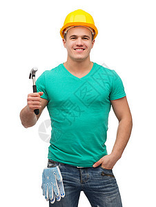手持铁锤头盔的手工工人承包商建造男性安全安全帽维修建设者手套工匠材料图片