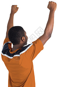橙色球衣的加油足球球迷男性欣快感欢呼黑色观众运动活力杯子支持者世界图片
