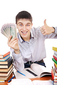 有钱的学生收益工资教育幸福礼物现金支付大学享受男人图片