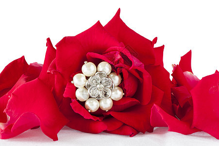 红玫瑰和结婚戒指金子圆圈礼物奢华传统婚礼珠宝假期庆典风格图片
