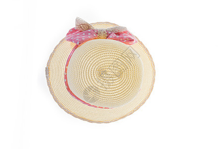 白底带粉色丝带的漂亮的草帽棕色稻草边缘太阳帽园艺白色帽子女士裙子褐色图片