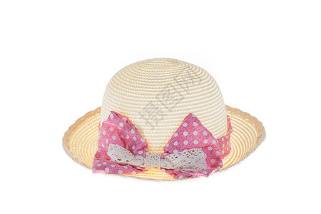 白底带粉色丝带的漂亮的草帽防晒太阳棕色园艺女性女士边缘裙子引擎盖白色图片
