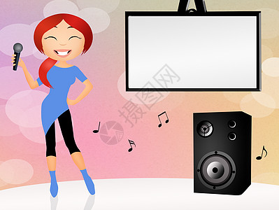 卡拉OK歌手女士笔记乐趣微笑音乐电视监视器剪影女孩卡通片图片
