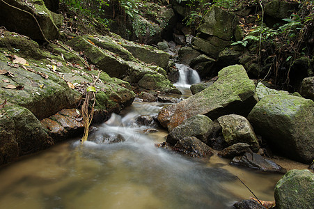 清凉风景小瀑布和小岩石 在森林中 泰王国木头墙纸叶子山脉环境远足荒野公园石头绿色植物背景