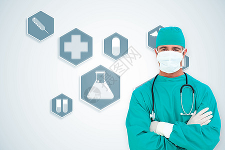 雄心勃勃的外科医生肖像综合图像蓝色烧杯男性防护技术电脑卫生保健手术帽磨砂膏图片