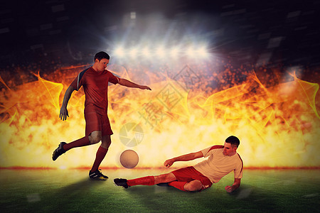 足球运动员拼球的复合形象 以争取球对抗跳跃沥青运动服世界运动计算机人群天空聚光灯图片