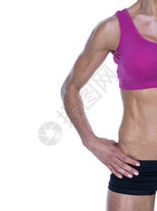 女性造体者在中段臀部上摆手姿势健美护理黑色倾斜运动粉色竞技肌肉调子女士图片
