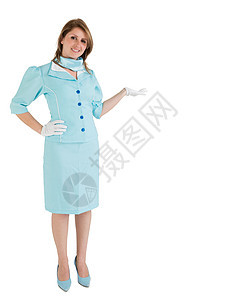 身穿蓝制服的女职员 展示你的产品手势衣服手套人员职业全体头发女士服务员棕色图片