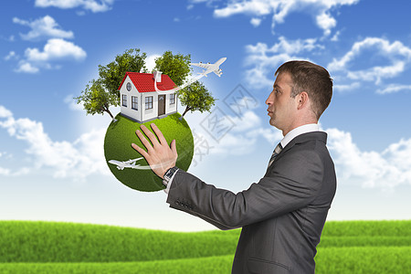商务人士用小房子和小树占据地球套装平面行星场地飞机绿色森林商务房子叶子图片