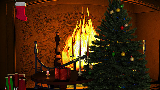 壁炉与火圣诞礼物包裹高清图片