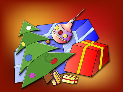 手绘圣诞节装饰圣诞树和圣诞礼物情绪展示礼物漫画庆典气氛嘉年华绘画盒子手绘背景