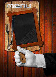 手持木制切割板刀具用餐手指用具木头菜单美食笔记食物手套图片