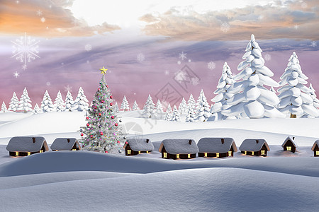 雪覆盖村庄的复合图象环境森林房子雪花暴风雪下雪枞树天气绘图计算机图片