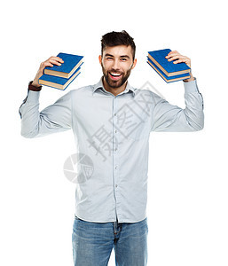 长着大胡子微笑的年轻男子 手拿着书在白色上家庭作业知识学习幸福青年男性大学学校学生乐趣图片