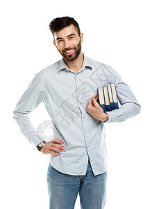 带着白色手持书籍的长胡子笑脸男人知识乐趣阅读学生青年学习教育教科书微笑学校图片