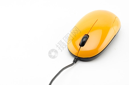 鼠标特写橙色电脑鼠标白色笔记本商业反射工具金属塑料互联网电缆工作背景