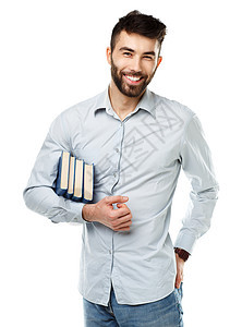 带着白色手持书籍的长胡子笑脸男人学习知识教科书幸福学校家庭作业学生大学阅读乐趣图片